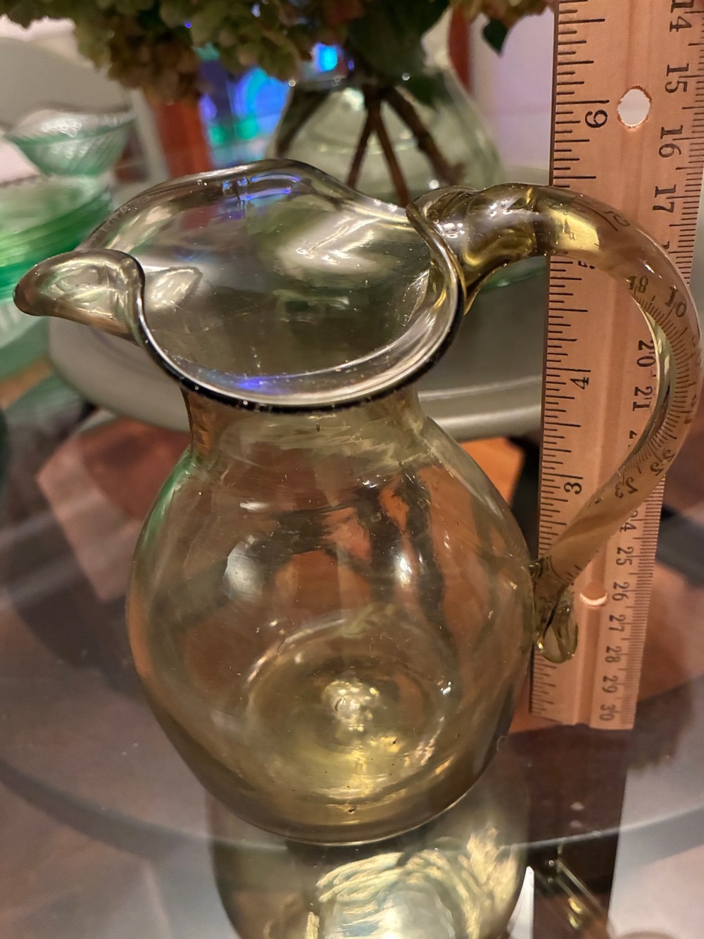 Vintage hand blown 5.5 in green/amber glass pitcher/vase w ruffle edge